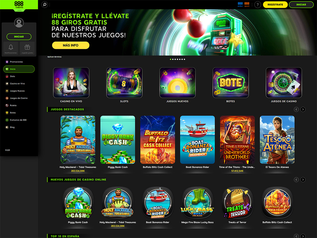 Captura de pantalla de la página principal de 888 Casino en español, mostrando categorías como Casino en Vivo, Slots, Juegos Nuevos, Botes y Juegos de Casino, junto a una promoción destacada de 88 giros gratis y títulos populares como Holy Mackerel – Tidal Treasures, Piggy Bank Cash, Buffalo Blitz Cash Collect y El Tesoro de Atenea.